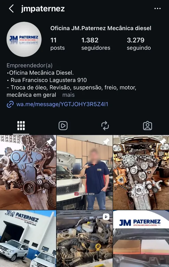 Perfil @jmpaternez da JM Paternez no Instagram, com bio e fotos dos serviços em motores diesel